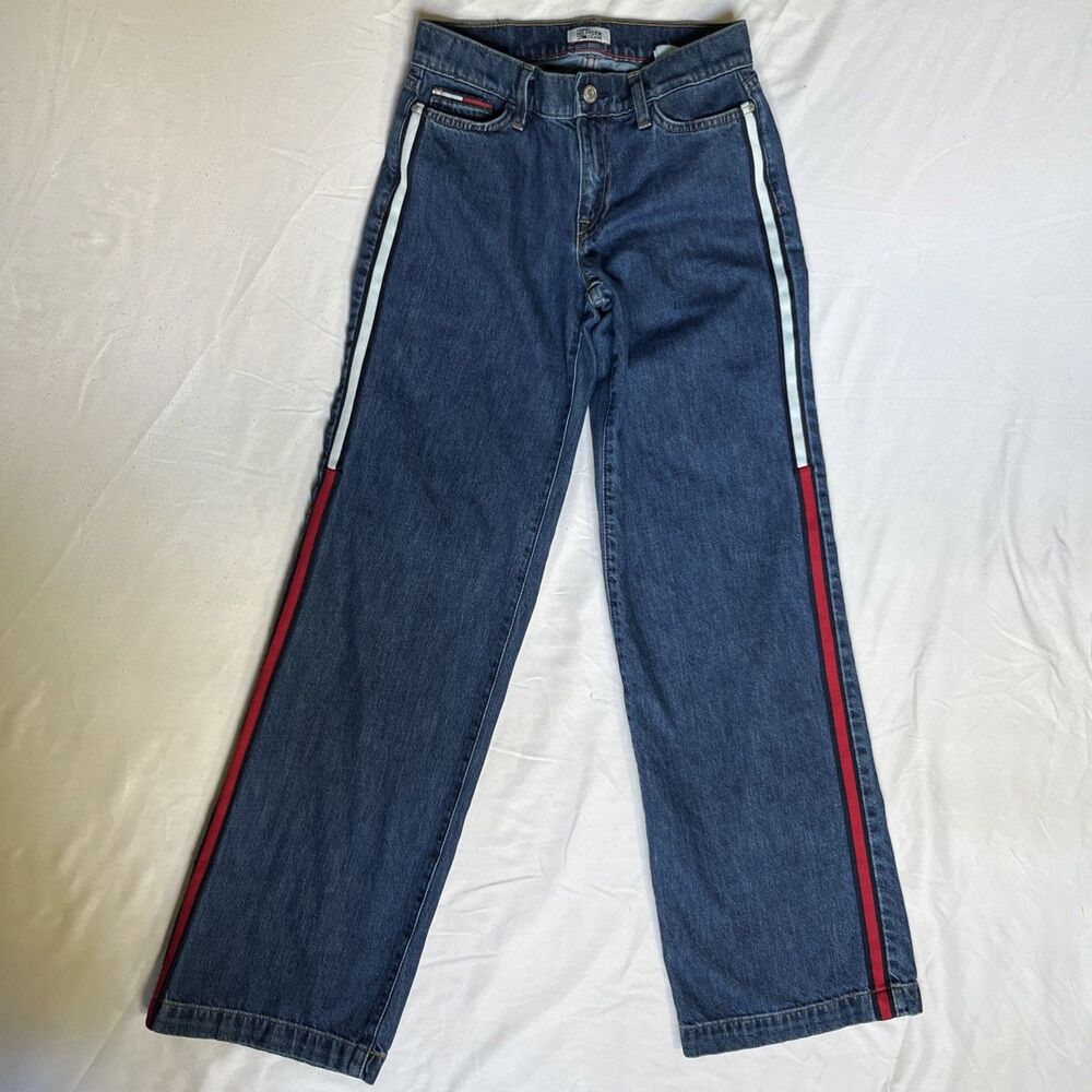 Tommy Hilfiger Denim Women’s 2 Blue Jeans Wide Leg Side Stripe Stretch Retro